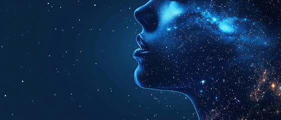 A silhouette of a womans face with a galaxy pattern, representing cosmic beauty and mystery
