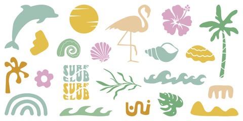 Retro Groovy Surf Club in trendy Boho style. Naive Geometric Summer Palm Tree. Simple background of sun sea. Retro Summer Beach Hand Drawn isolated illustration. Vintage Surf Club. Vector illustration