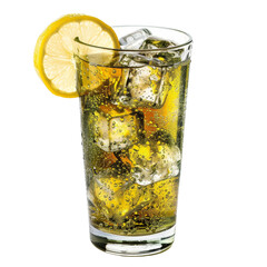 Refreshing iced tea with a lemon slice and ice cubes in a tall glass. Perfect summer drink for hot days.