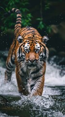 Naklejka premium A tiger walks through shallow water in a lush forest