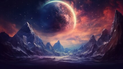 The fantasy picture of high mountain landscape with giant stars and space nebula lighting in the night skyline representative exploration and discovery about planet or interstellar traveling. AIG35
