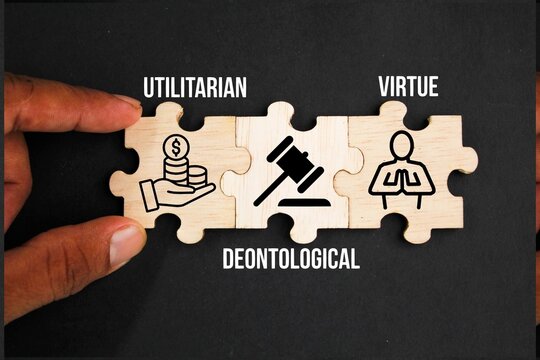 wooden puzzle with icons and words Utilitarian, Deontological, and Virtue. What are the three 3 types of ethical issues?