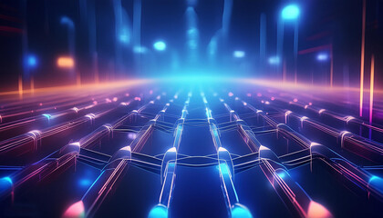 sebuah ilustrasi tentang mikro teknis yang saling berhubungan untuk membentuk sistem teknologi berlatar biru