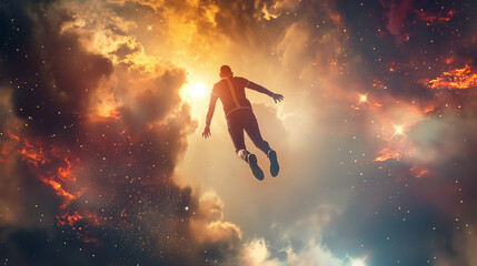 Naklejka premium Man flying through cosmic nebula. Visiting other dimensions and realms. Lucid dreaming.