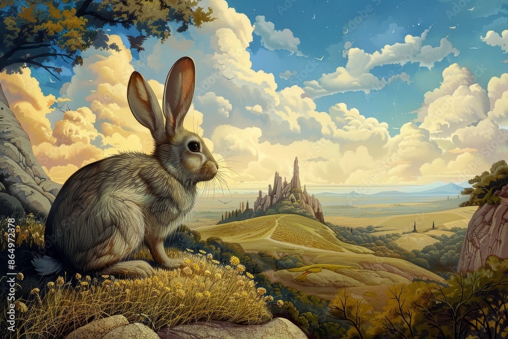 Wall mural A painting depicting a rabbit perched atop a hill, A surrealistic interpretation of a rabbit in a dreamlike landscape