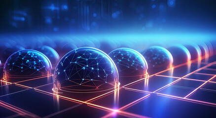 sebuah ilustrasi tentang mikro teknis yang saling berhubungan untuk membentuk sistem teknologi berlatar biru