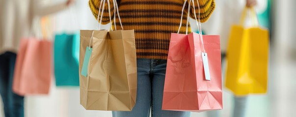 Shoppers holding bags with sale tags, bustling mall atmosphere, happy faces, retail therapy, buying spree