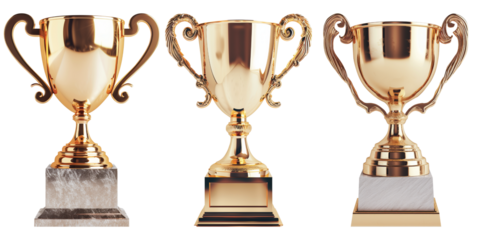 Set of 3 golden trophy cups, winner's trophy, celebration trophy, transparent background.