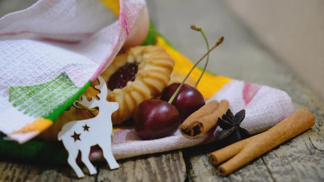 Cookies with cherry jam. Homemade freshly baked shortbread cookies, Christmas atmospheric mood. Happy New Year