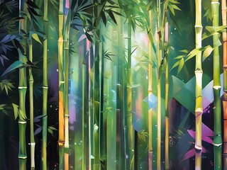 Generate a holographic representation of a bamboo grove, abstracted into dynamic geometric forms and patterns that capture its tall stalks and serene atmosphere.
