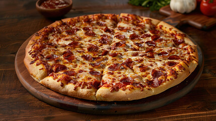 pizza on a wooden board. pizza with salami. pizza on a wooden table. a realistic food photography for a italian pizza