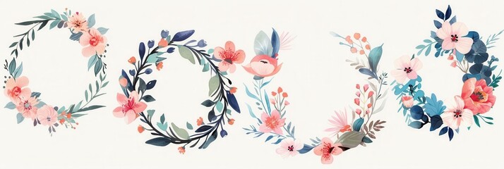 Obraz premium A collection of five beautiful, watercolor floral wreaths in various styles, perfect for wedding invitations and festive events. Generative AI