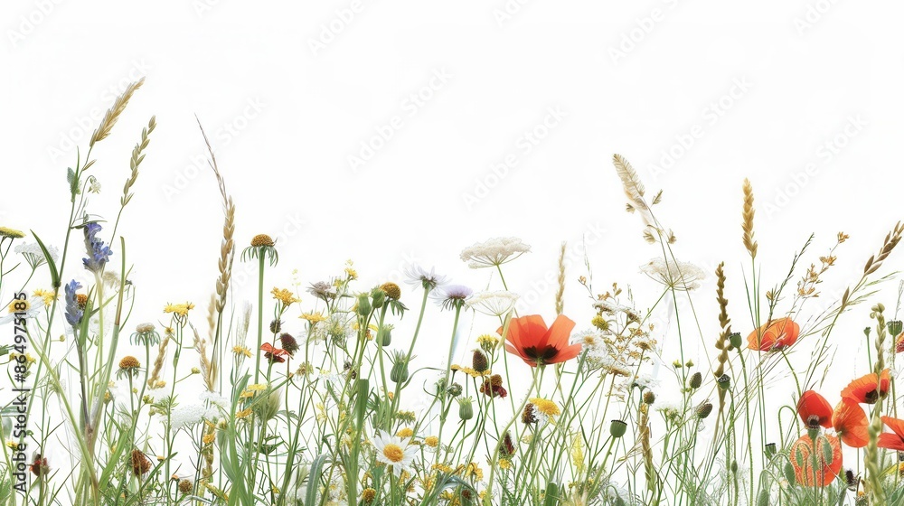Poster a beautiful image of wildflowers blooming in a meadow, perfect for creating a natural and rustic fee