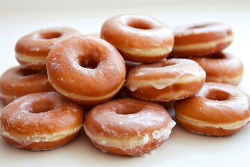 A large stack of sweet glazed donuts resting on a table, A sweet and sticky pile of glazed donuts