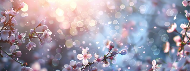 Beautiful and romantic spring scene with cherry blossoms in full bloom against a soft and dreamy bokeh sunlight background. The picture has a calm and peaceful mood