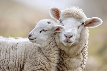 Obraz premium A baby lamb nuzzling up to its mother sheep in a field, A sweet baby lamb nuzzling up to its mother