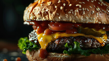 worlds greatest cheese burger on a plate with beautiful garnish and sauce, cinematic, cheeseburger advertisment banner, burger on a plate close up