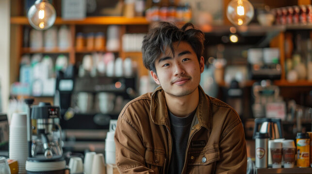 Photo of young Asian man at coffee shop, AI Generative