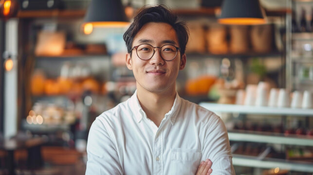 Photo of young Asian man at coffee shop, AI Generative