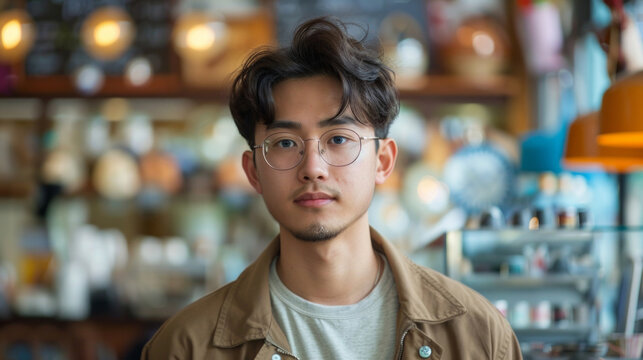 Photo of young Asian man at coffee shop, AI Generative