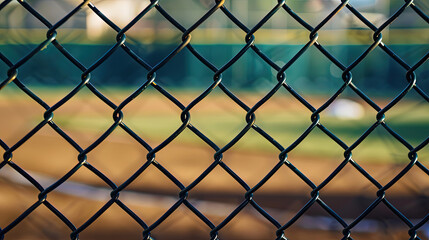 Fototapeta premium Closeup of black chain link fence at baseball field, blurred background with home plate and ball path visible through the mesh, no text or graphics on screen, high resolution, realistic style