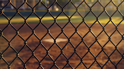 Fototapeta premium Closeup of black chain link fence at baseball field, blurred background with home plate and ball path visible through the mesh, no text or graphics on screen, high resolution, realistic style