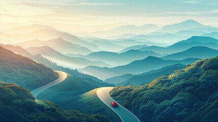 A scenic view of a winding mountain road with a luxury car driving, symbolizing adventure and freedom