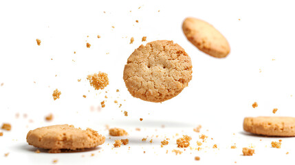 Crumbs integral biscuit, cookie flying, isolated on white, clipping path