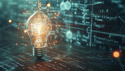 A bright idea Light bulb concept. Business growth. Innovation.experiment bulb glowing against a backdrop of complex mathematical equations and data visualizations, symbolizing innovation