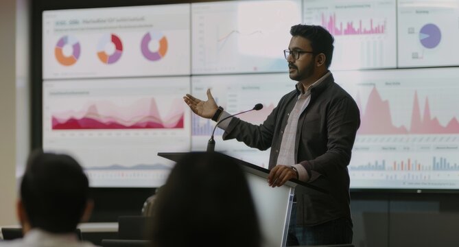 A male Indian business professional presenting on digital marketing in front of his team, with charts and graphs visible behind him, while he is standing at the podium speaking - Powered by Adobe
