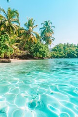 Obraz premium pristine tropical beach with clear turquoise water, surrounded by palm trees and lush vegetation
