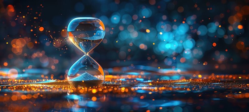 An hourglass timer with blue and orange sparkles in the background copy space text