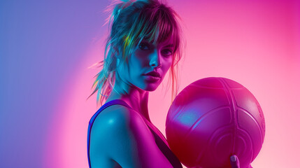 Confident fitness woman posing with a medicine ball. Attractive blonde sportswoman portrait holding with medicine fitness ball