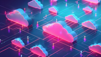 Working Data cloud animation Servers and Supercomputers with Cloud Storage. Internet Artificial intelligence. Technology web background.