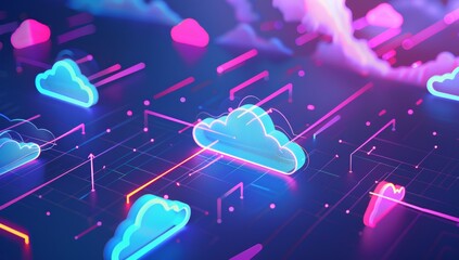 Working Data cloud animation Servers and Supercomputers with Cloud Storage. Internet Artificial intelligence. Technology web background.