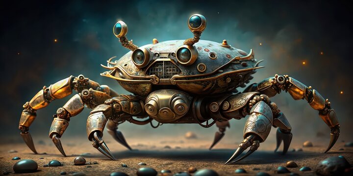 Mechanic crab with steampunk style incorporating animal robot elements, mechanic, crab, steampunk, art, animal, robot
