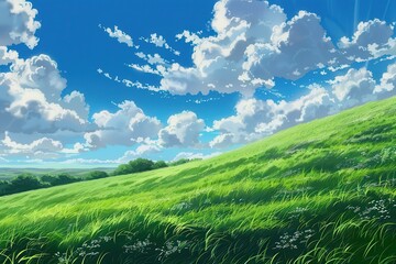 Obraz premium Vibrant green grassy hill with a blue sky and fluffy white clouds. Peaceful and tranquil landscape scene with lush meadow. Idyllic nature scene for background or desktop.