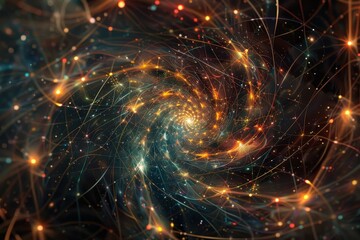 A massive spiral structure showcasing interconnected nodes and links hovering above, A swirling web of interconnected nodes and links