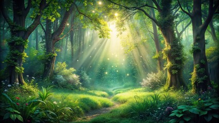 Enchanted forest scene with lush greenery, sparkling sunlight, and mystical atmosphere , mystical, enchanted, forest, scene