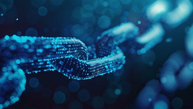 Blue digital chain symbolizing blockchain technology, with glowing data points representing various virtual blocks connected together in unbroken line, creating intricate background. block, network.