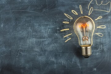 A light bulb drawing on a blackboard, symbolizing enlightenment and creativity, A symbol of a lightbulb turning on, representing enlightenment and new ideas in education