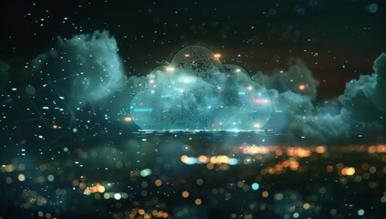 Digital cloud with glowing data particles floating in the dark sky, symbolizing advanced technology and innovation. Digital patterns representing network connections and cyber security.