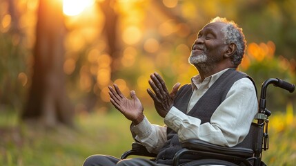 Happy African american black mature man on a wheelchair - diversity and inclusion concept - Praising the Lord - Praying for a miricale and healing - Happiness and independence despite disability