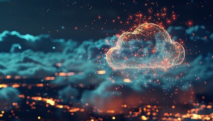 Digital cloud with glowing data particles floating in the dark sky, symbolizing advanced technology and innovation. Digital patterns representing network connections and cyber security.