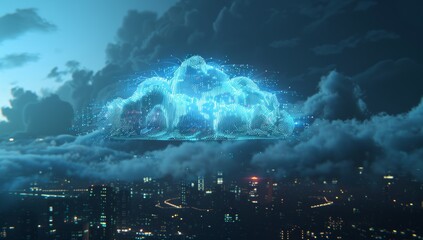 Digital cloud with glowing data particles floating in the dark sky, symbolizing advanced technology and innovation. Digital patterns representing network connections and cyber security.