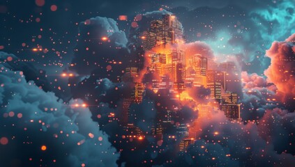 Digital cloud with glowing data particles floating in the dark sky, symbolizing advanced technology and innovation. Digital patterns representing network connections and cyber security.