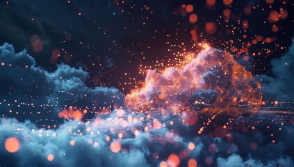 Digital cloud with glowing data particles floating in the dark sky, symbolizing advanced technology and innovation. Digital patterns representing network connections and cyber security.