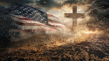 United Under One Banner: Christianity's Influence on American Patriotism, Symbolized by the Cross. Christianity and Patriotism concept. Cross of Jesus with a american flag blowing in the background.