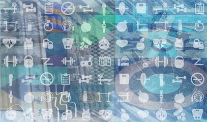 Health and well-being icons on grunge background with blur effect dots, strokes, crosses and bluish colors
