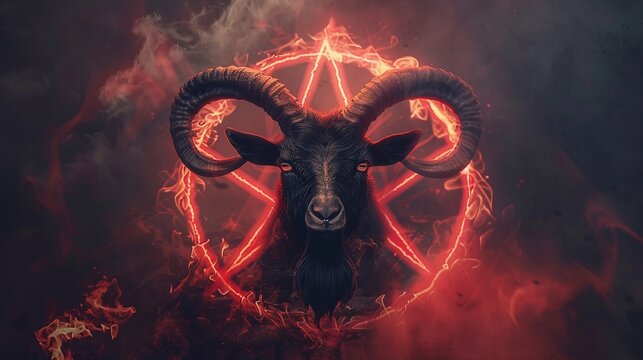 A black big horned goat back lit by a glowing fiery pentagram - black and red misty background - Esoteric black magic fantasy concept art - witchcraft and cultism - summoning the devil ritual